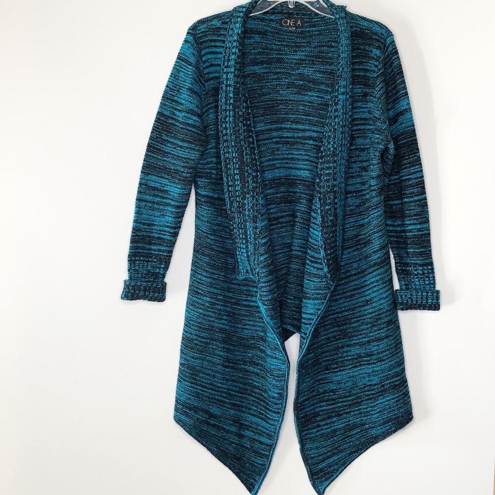 One A Cardigan Vintage 90's Aqua Black Water Fall High Low Sweater Medium